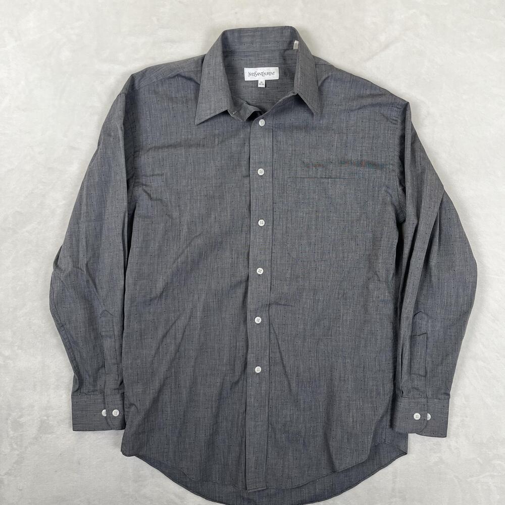 Yves Saint Laurent Dress Shirt Mens 15 Gray Spotted Long Sleeve Classic